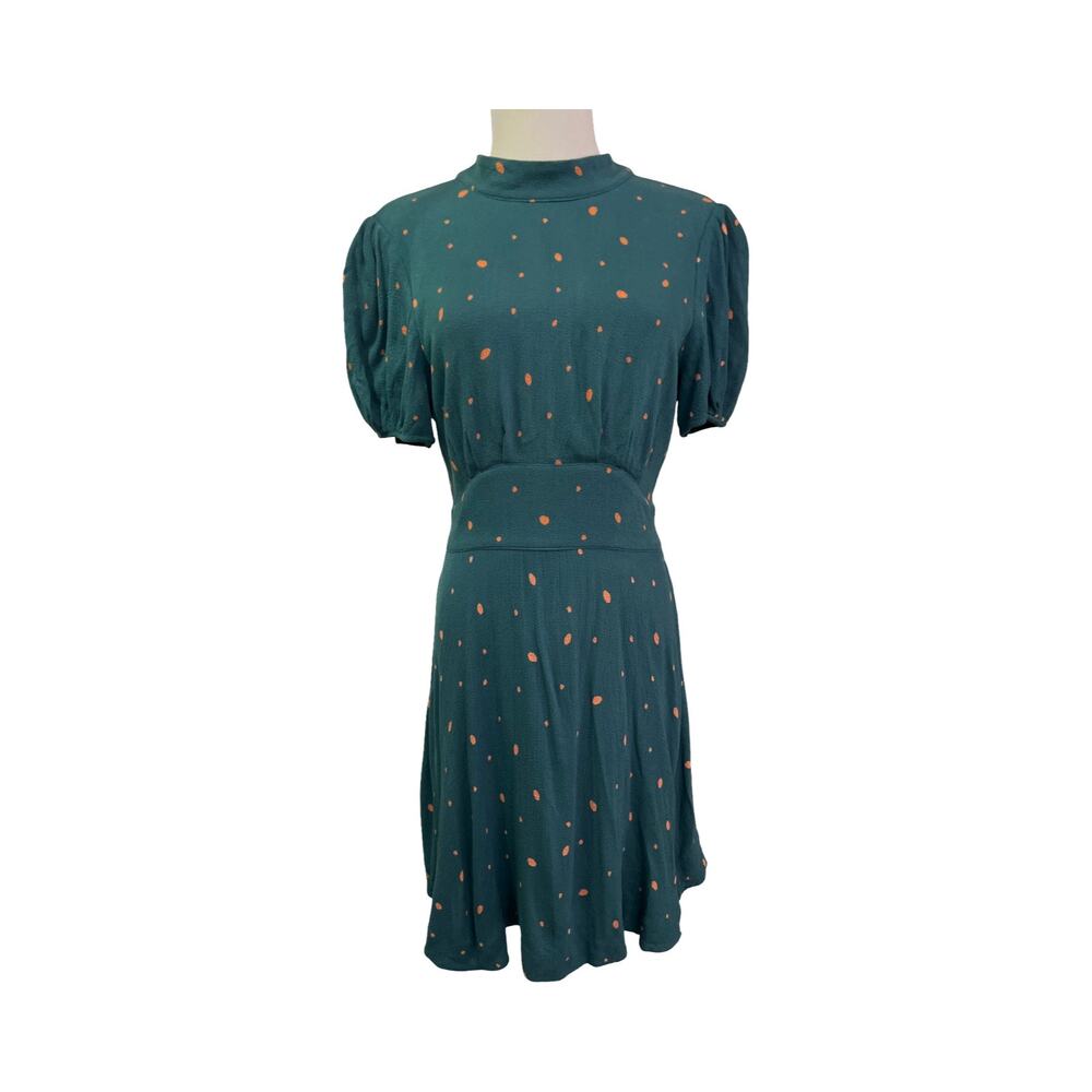 Free People Green Polka Dot Fit & Flare Mini Dress Size 6 Open Back Puff Sleeve